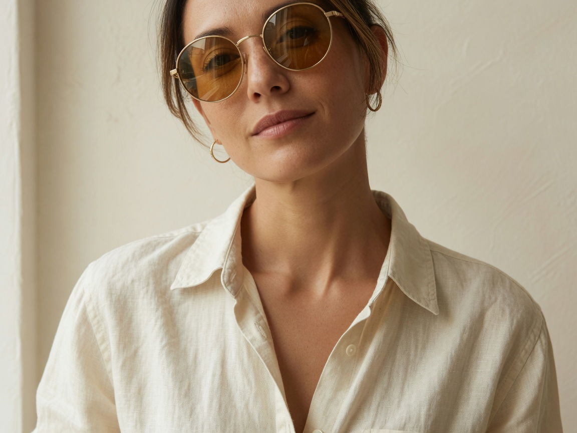 Woman wearing round gold sunglasses